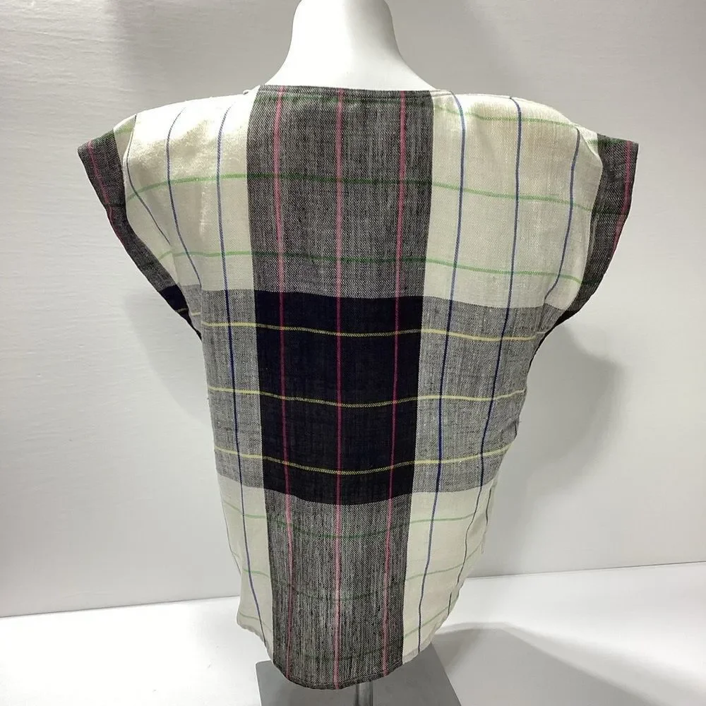 Vintage Liz Claiborne Linen Blouse Size 12 Black White Gray Plaid Grid Print - Picture 3 of 9